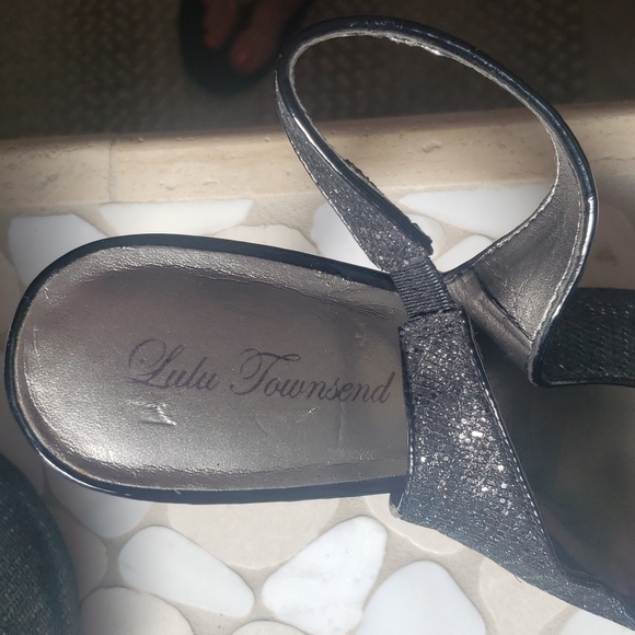 Black Shimmery Open Toe Sling Back Heels - Picture 4 of 5